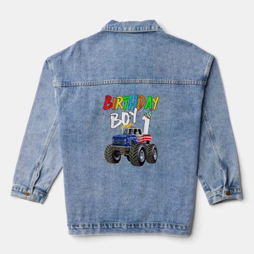 Birthday Boy 1 Year Old Monster Truck Flag 1st Bir Denim Jacket