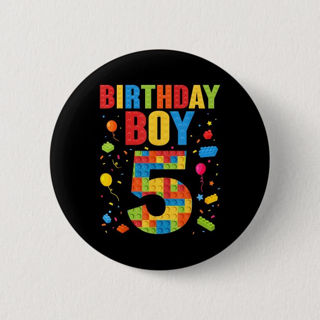 Birthday Boy 5 Year Old Building Blocks 5th Birthd Button (Front)