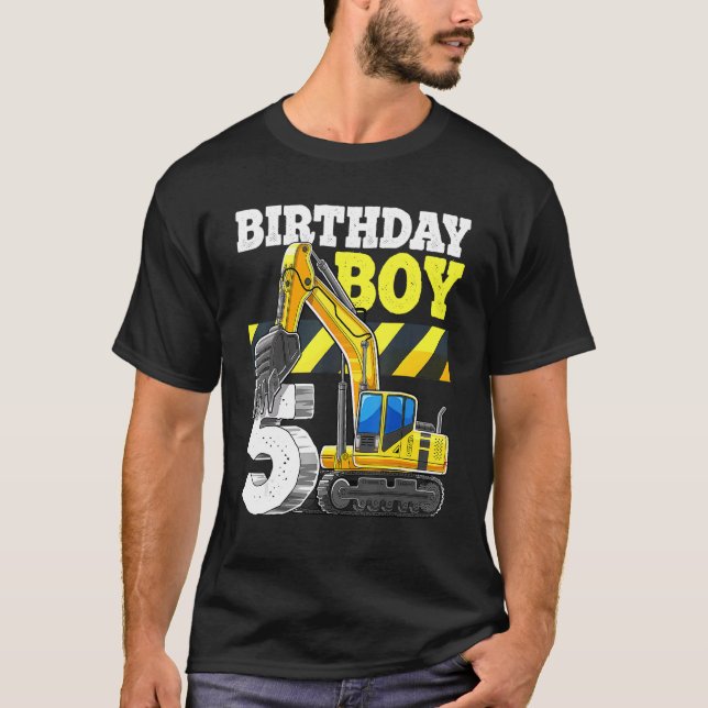 Birthday Boy 5th Birthday Excavator Construction V T-Shirt (Front)