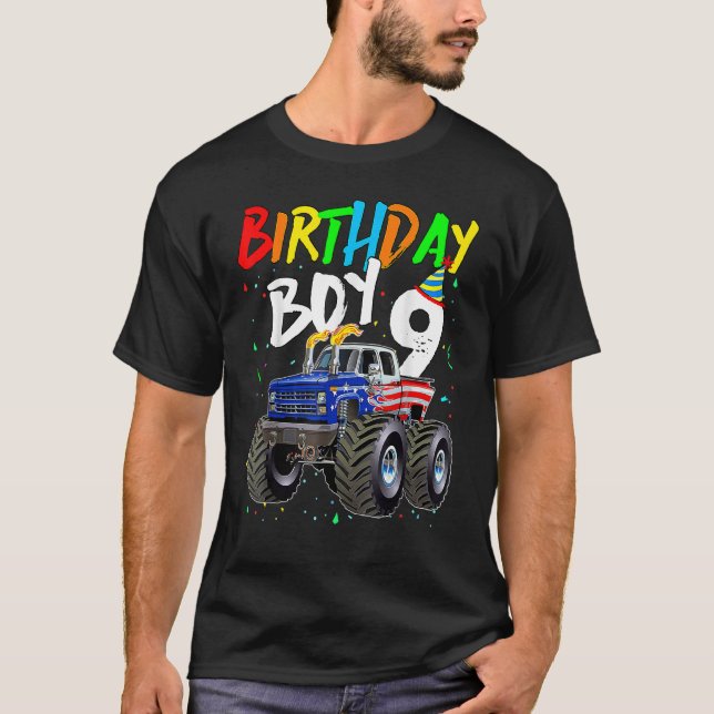 Birthday Boy 9 Year Old Monster Truck Flag 9th Bir T-Shirt (Front)