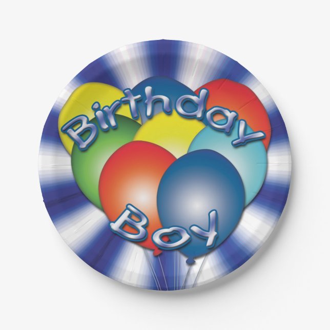 Birthday Boy Balloons Blue Party Plates (Front)