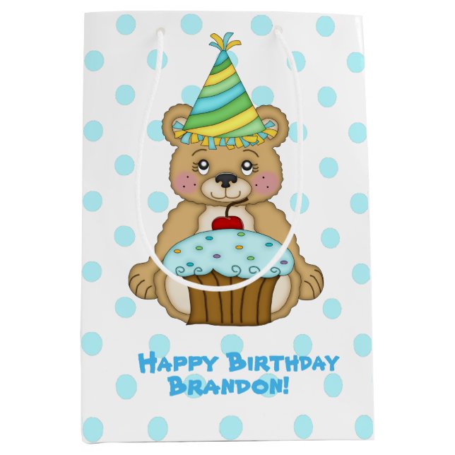 Birthday Boy Bear Personalized Medium Gift Bag (Front)