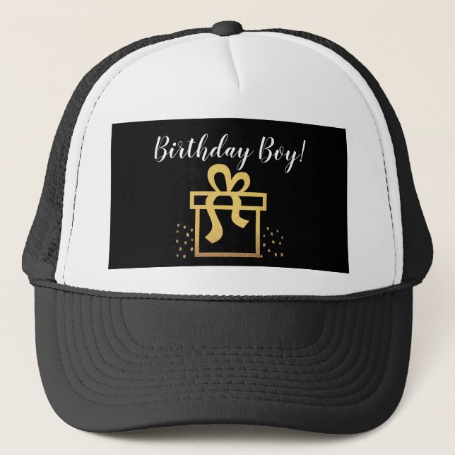 Birthday Boy Black and Gold Faux Foil Trucker Hat (Front)