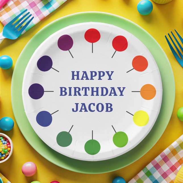 Birthday Boy Colorful Lollipop Kids Paper Plate (Happy Birthday! A fun lollipop edged paper plate with space for the Birthday Boy's Name (or girl))