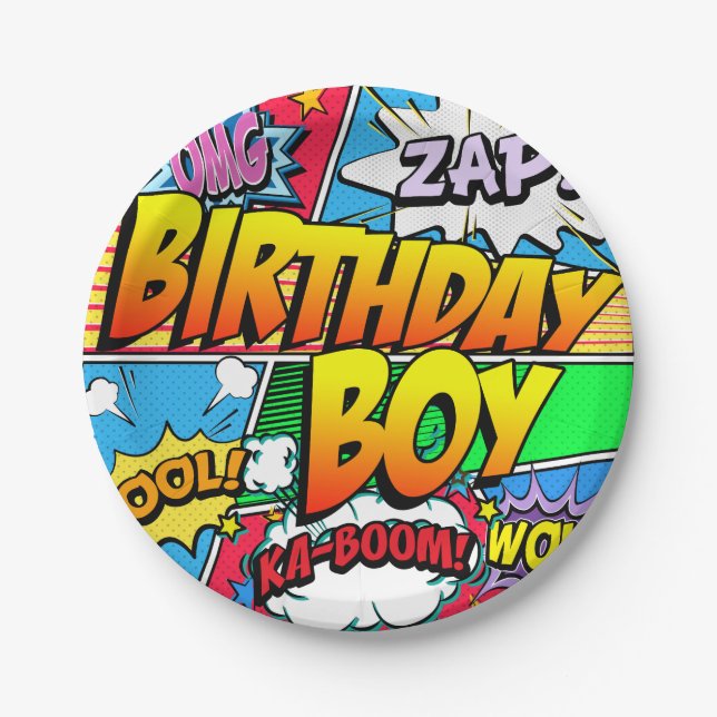 Birthday Boy Comic Book Party Paper Plates (Front)