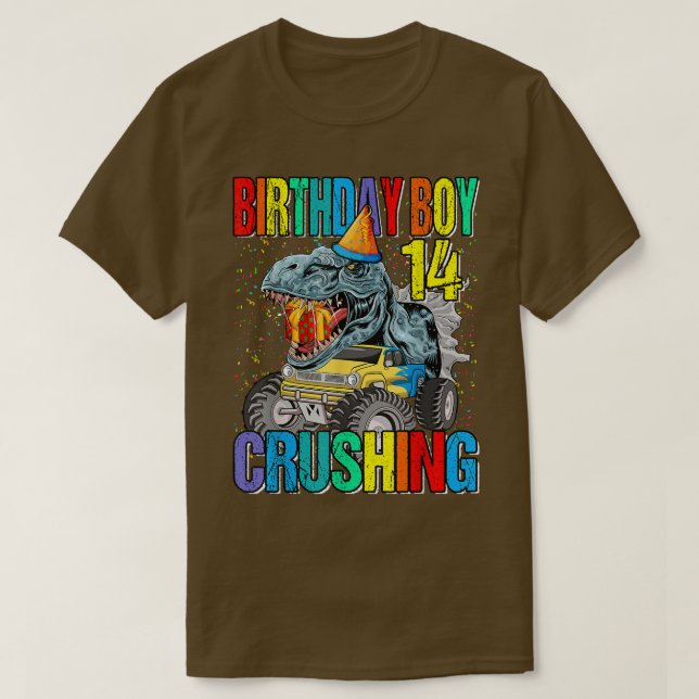 Birthday Boy Crushing 14 Monster Truck Dinosaur  T-Shirt (Design Front)