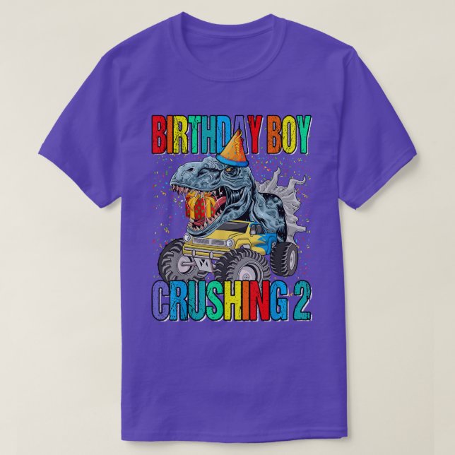 Birthday Boy Crushing 2 Monster Truck Dinosaur  T-Shirt (Design Front)