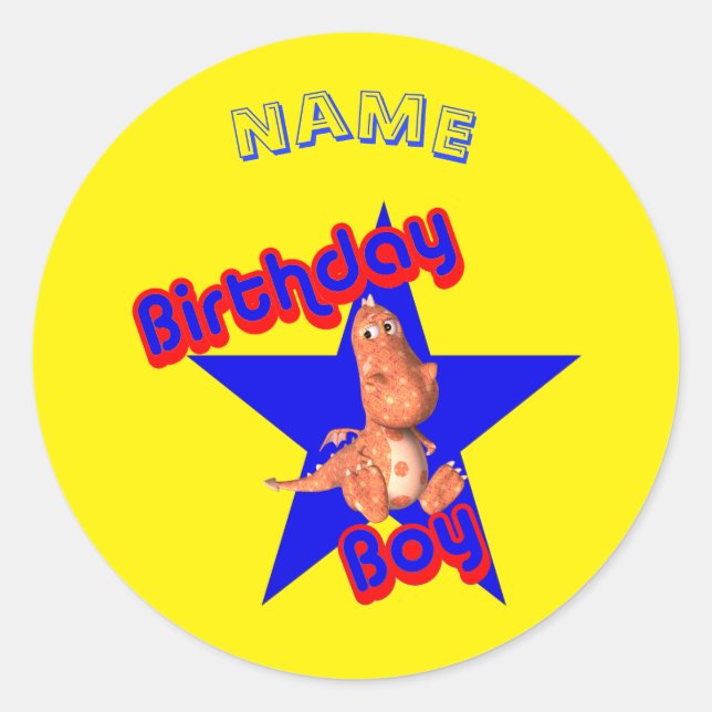 Birthday Boy Cute Dinosaur Personalized Classic Round Sticker (Front)