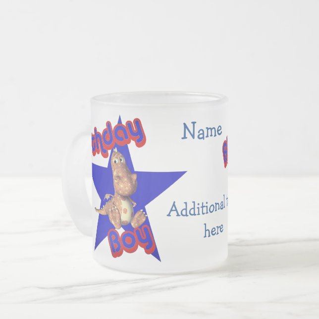 Birthday Boy Cute Dinosaur Personalized Frosted Glass Coffee Mug (Front Left)