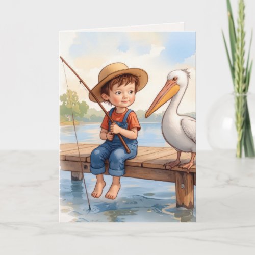 Birthday Boy Fishing On a Dock With a Pelican
