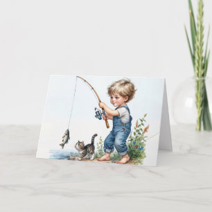 Birthday Boy Fishing With Kitten Card