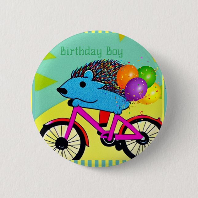 Birthday Boy Hedgehog Riding Bicycle Balloons    Button (Front)