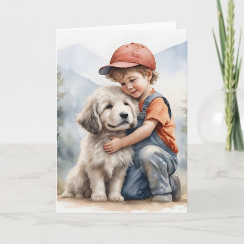 Birthday Boy Hugging Dog In Watercolor Card