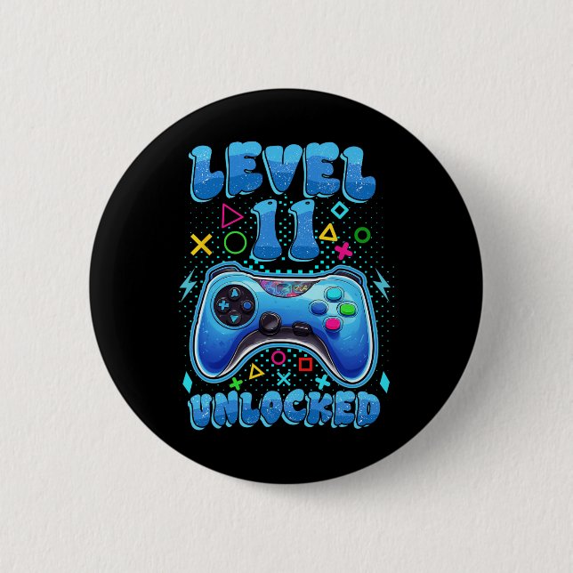 Birthday Boy Level 11 Unlocked Video Gamer 11 Year Button (Front)