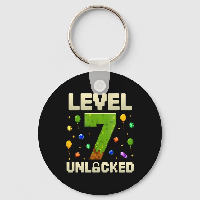 Birthday Boy Level 7 Unlocked 7th Birthday Pixel G Keychain (Front)