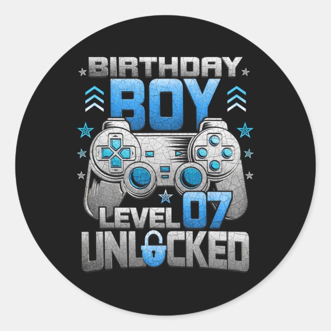 Birthday Boy Level 7 Unlocked Video Game Party  Classic Round Sticker (Front)