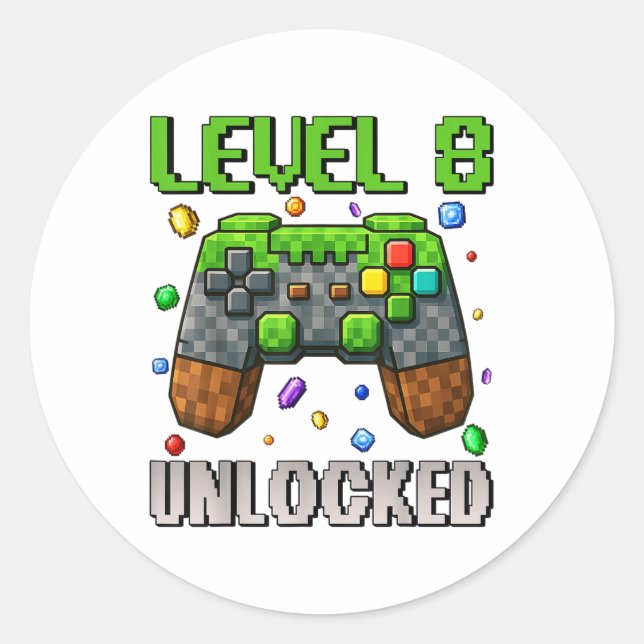 Birthday Boy Level 8 Unlocked 8th Birthday Game Pi Classic Round Sticker (Front)