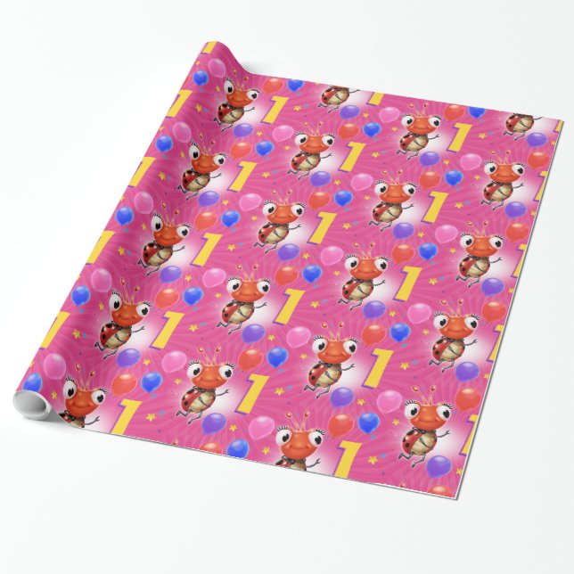 Birthday Boy or Girl age 1 Ladybug wrapping paper. Paper (Unrolled)
