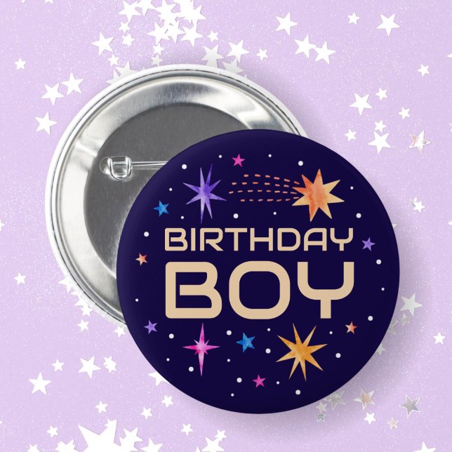 Birthday Boy Outer Space Stars Dark Purple Button (Birthday Boy Outer Space Stars Dark Purple Button)