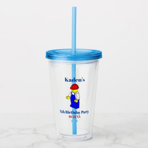 Birthday Boy Party Favor Construction Builder Acrylic Tumbler