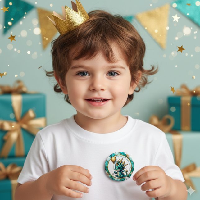 Birthday Boy Personalized Teal and Gold Dragon Button (Creator Uploaded)