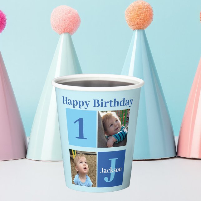 Birthday Boy Photo Custom Kids 1st Bday Blue Paper Cups (Creator Uploaded)