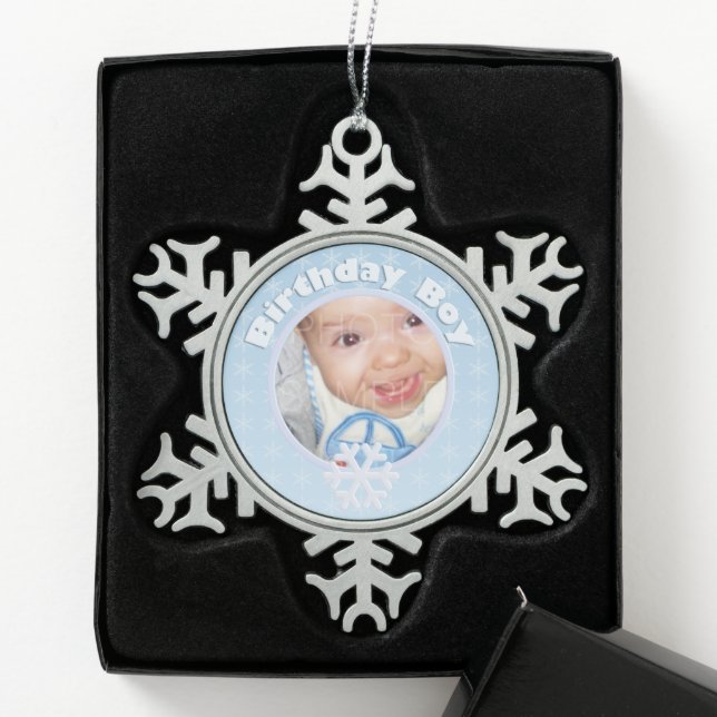 Birthday Boy Photo Winter Onederland Snowflake Pewter Christmas Ornament (Box)