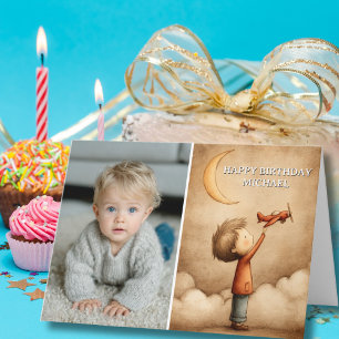 Birthday Boy Pilot Toy Airplane Moon Custom Photo Card