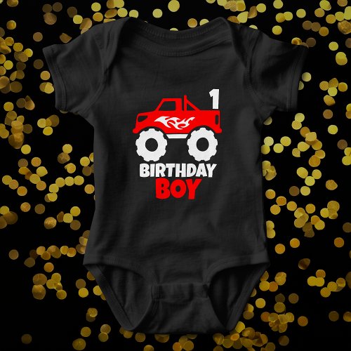Birthday Boy Red Monster Truck with Age Black Baby Bodysuit