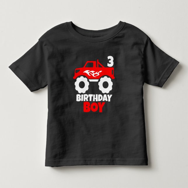 Birthday Boy Red Monster Truck with Age Black Toddler T-shirt (Front)