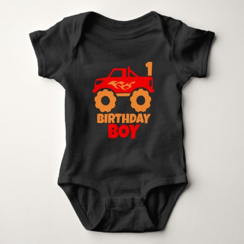 Birthday Boy Red Monster Truck with Age Orange Baby Bodysuit