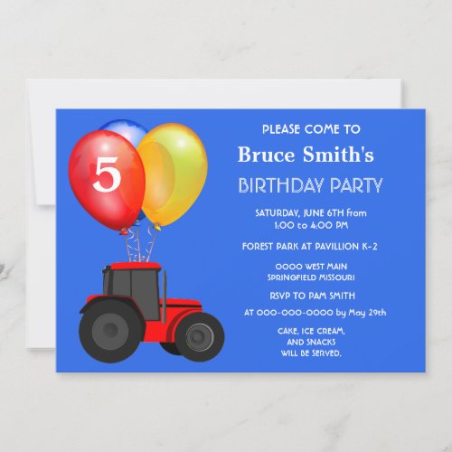 Birthday Boy Red Tractor and Balloons  Invitation