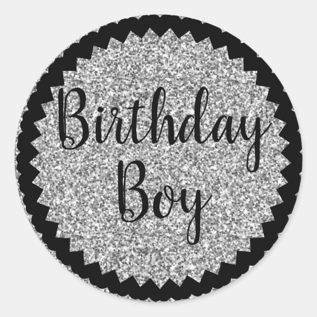 Birthday Boy Silver Glitter Classic Round Sticker (Front)