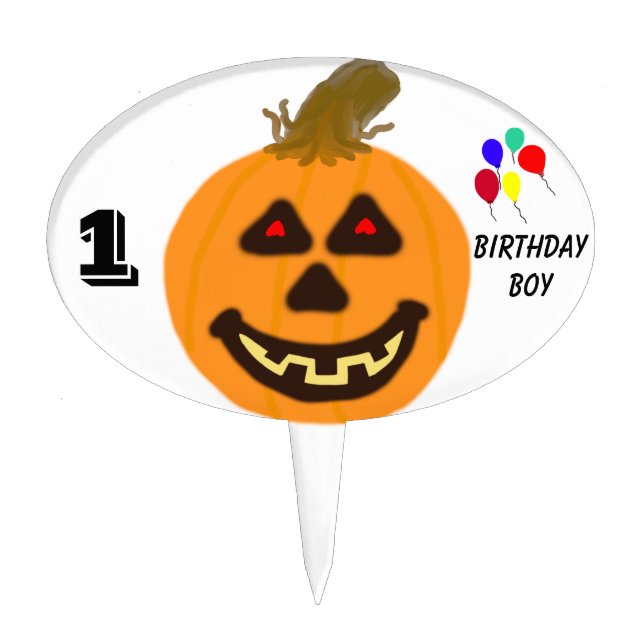 Birthday Boy Smiling Pumpkin & Balloons Cake Pick (Front)