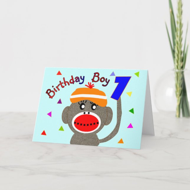 Birthday BOY Sock monkey 1 year old Card (Front)