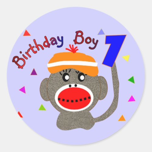 Birthday BOY Sock monkey 1 year old Classic Round Sticker