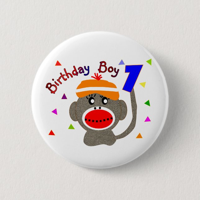 Birthday BOY Sock monkey 1 year old Pinback Button (Front)