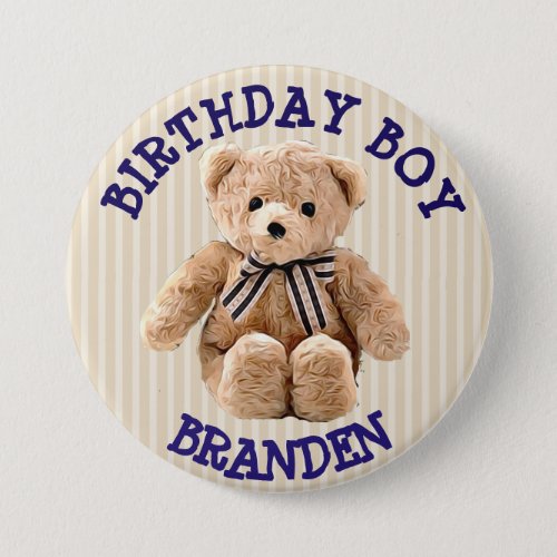 Birthday Boy Tan and Blue Teddy Bear Button