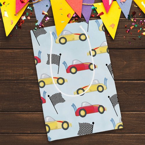 Birthday Boy Whimsical Race Cars Cute Pattern Medium Gift Bag