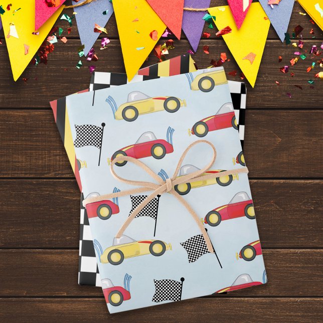 Birthday Boy Whimsical Race Cars Cute Pattern Wrapping Paper Sheets (Creator Uploaded)