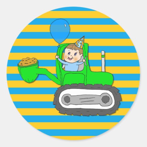 Birthday Boy with Balloon in Tractor Classic Round Sticker