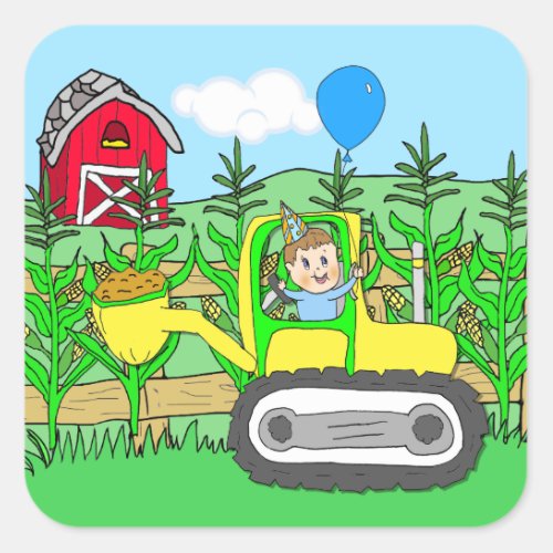 Birthday Boy with Balloon in Tractor Square Sticker