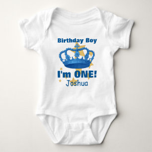 Birthday Boy with Crown I'm ONE! Custom Name V06N3 Baby Bodysuit