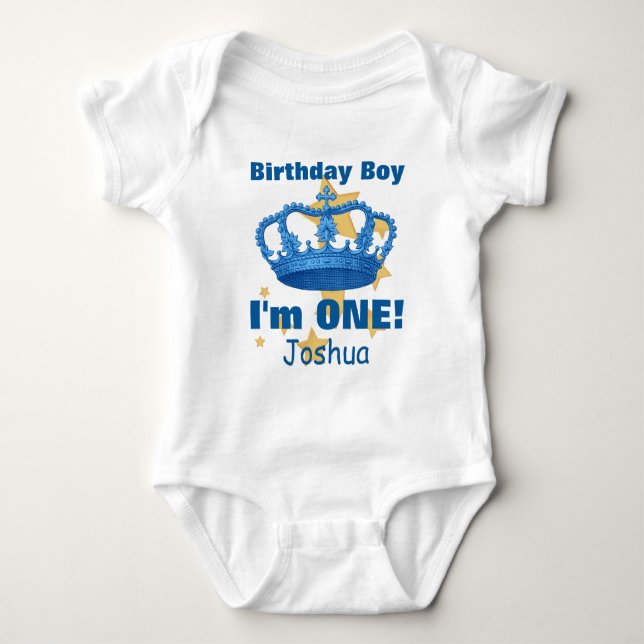 Birthday Boy with Crown I'm ONE! Custom Name V06N3 Baby Bodysuit (Front)