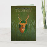 Birthday, Boyfriend, Deer with Antlers in the Bush Card<br><div class="desc">Ideal for the man in your life who loves to hunt and/or just loves wildlife.   A graphic image of a deer's head with antliers outside an oval frame with grasses on the front of the card.  antlers</div>