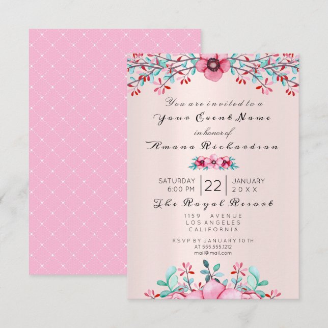 Birthday Bridal Floral Bohemia Eggplant Kraft Pink Invitation (Front/Back)