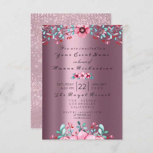 Birthday Bridal Floral Bohemian Eggplant Sparkly Invitation