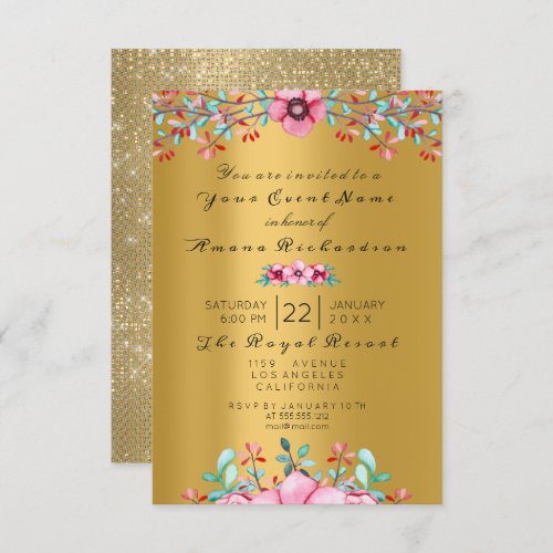 Birthday Bridal Floral Bohemian Gold Sepia Sparkly Invitation