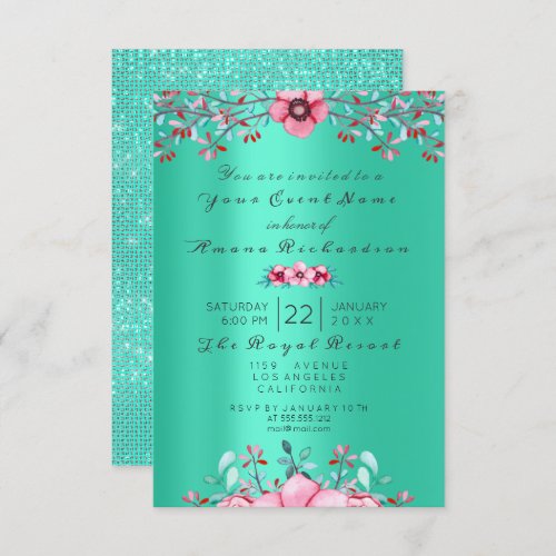 Birthday Bridal  Floral Pink Bohemian Mint Green Invitation