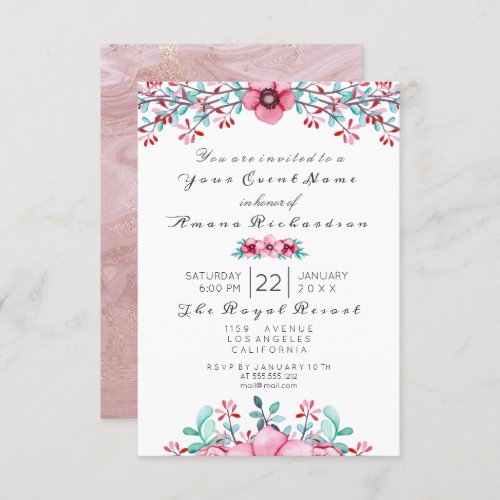 Birthday Bridal  Floral Pink Bohemian Rose Marble Invitation